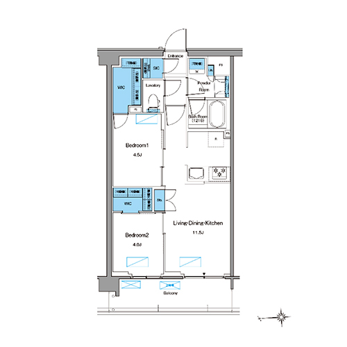 ルフォンプログレ高田馬場ノース(2LDK+2WIC+SIC[AJ2-type]：49.40㎡)の間取り画像