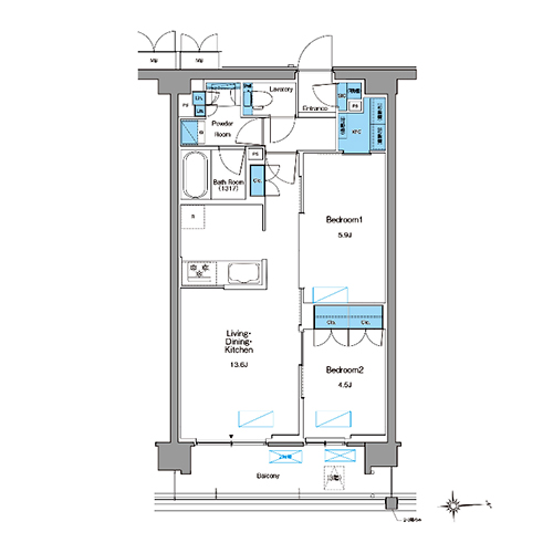 ルフォンプログレ高田馬場ノース(2LDK+WIC+SIC[AC-type]：55.29㎡)の間取り画像