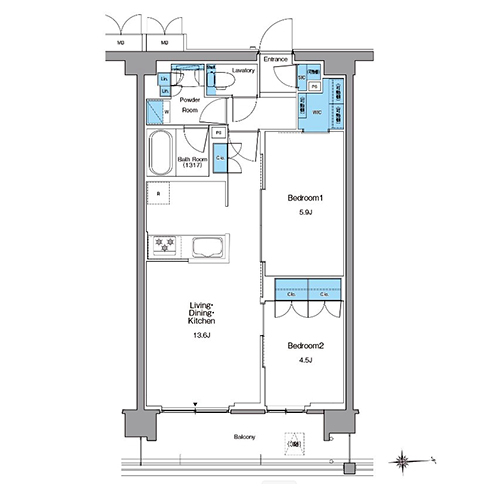 ルフォンプログレ高田馬場ノース(2LDK+WIC+SIC[ACt-type]：55.29㎡)の間取り画像