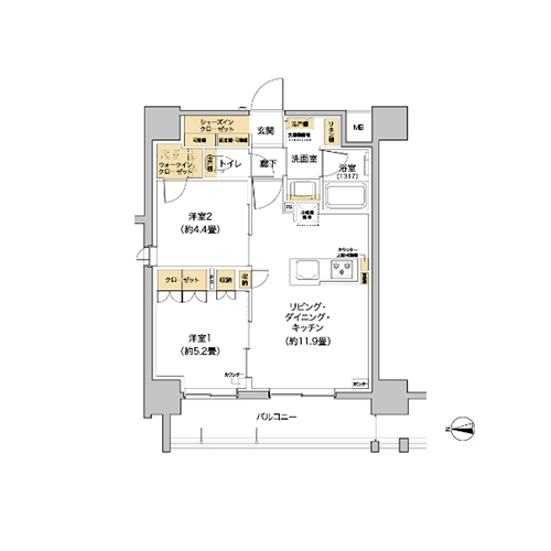 リビオメゾン芝浦(2LDK[E-TYPE]：50.23㎡)の間取り画像
