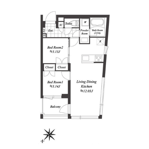 オープンブルーム渋谷本町(2LDK：41.62㎡)の間取り画像