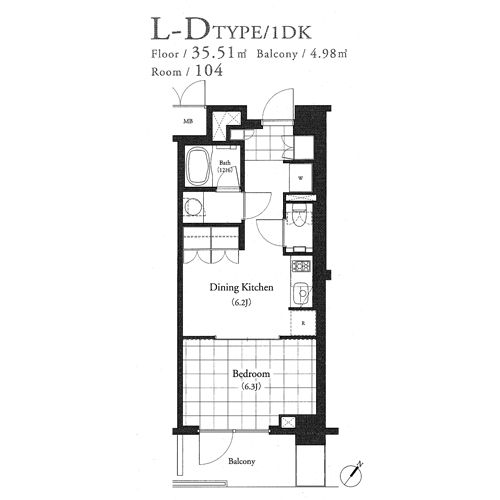 パークキューブ目黒タワー：1DK：35.51㎡の間取り図