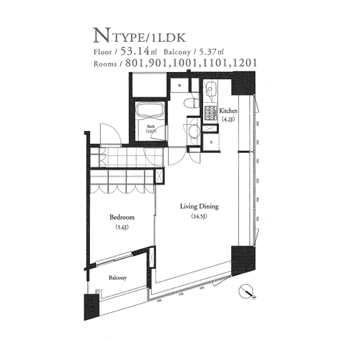 パークキューブ目黒タワー：1LDK：53.14㎡の間取り図