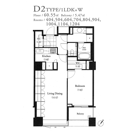 パークキューブ目黒タワー：1LDK：60.55㎡の間取り図