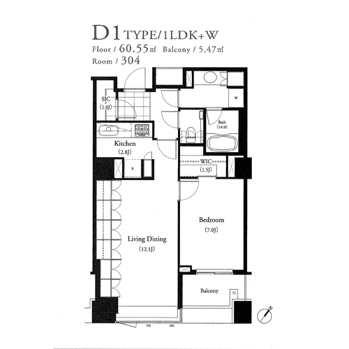 パークキューブ目黒タワー：1LDK：60.55㎡の間取り図