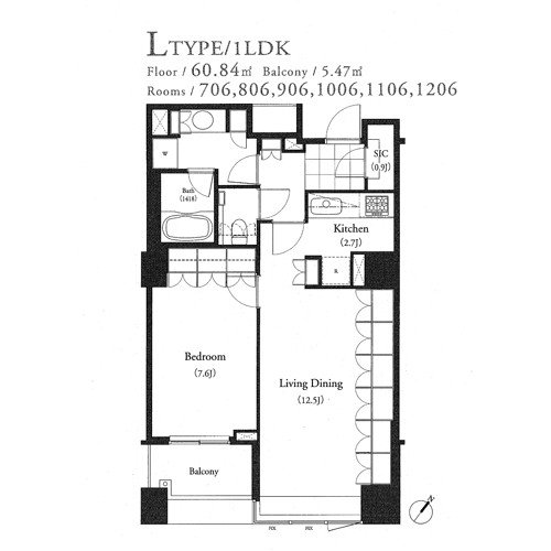 パークキューブ目黒タワー：1LDK：60.84㎡の間取り図