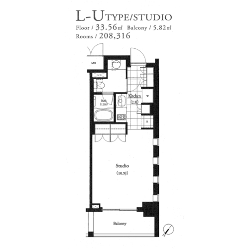 パークキューブ目黒タワー：STUDIO：33.56㎡の間取り図