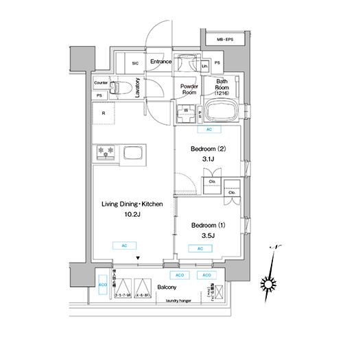 プレディアコート三軒茶屋(2LDK[B-type]：39.32㎡)の間取り画像