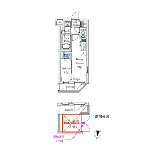 プライムブリス中野富士見町Ⅰ・Ⅱ(1DK[Cタイプ]：25.69㎡)の間取り画像