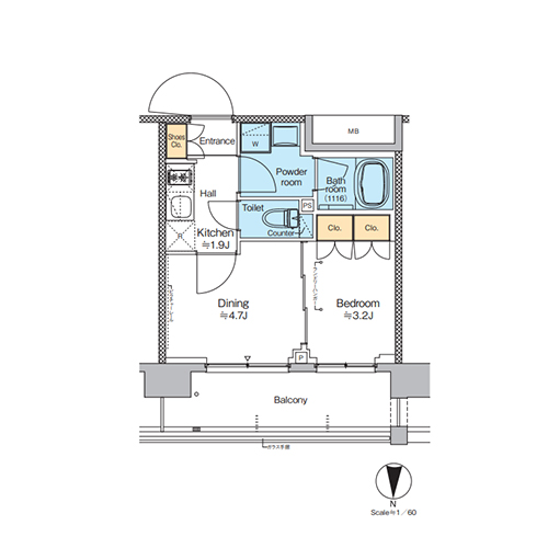 プラウドフラット西蒲田(1DK[Eタイプ]：25.10㎡)の間取り画像
