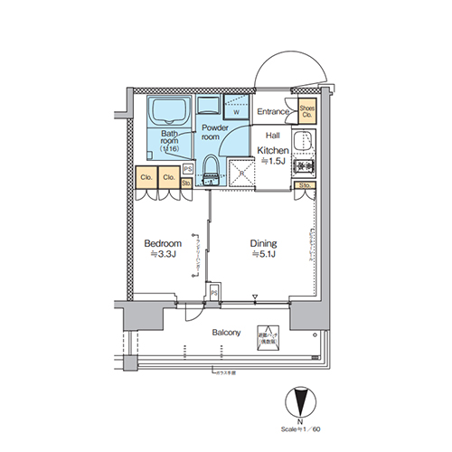 プラウドフラット西蒲田(1DK[Fタイプ]：25.20㎡)の間取り画像