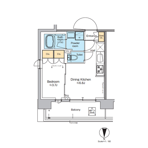 プラウドフラット西蒲田(1DK[Dタイプ]：25.98㎡)の間取り画像