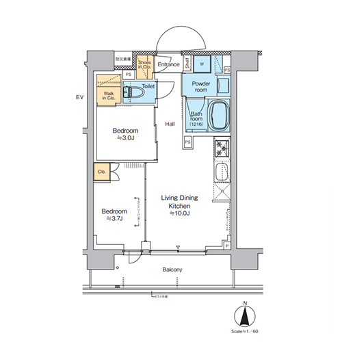 プラウドフラット西蒲田(2LDK[Bタイプ]：36.54㎡)の間取り画像
