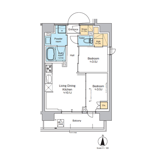 プラウドフラット西蒲田(2LDK[Cタイプ]：39.02㎡)の間取り画像