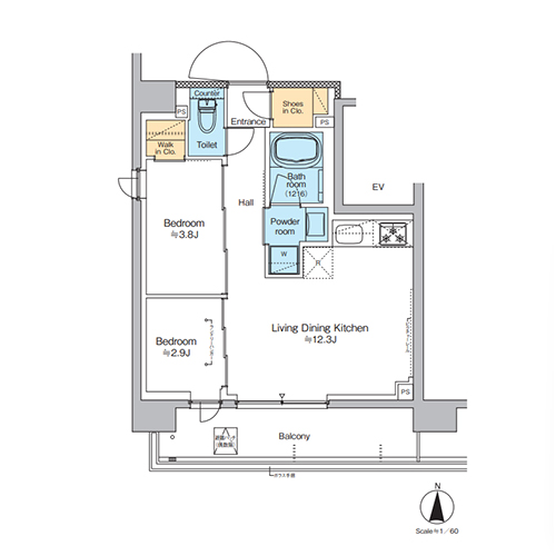プラウドフラット西蒲田(2LDK[Aタイプ]：40.65㎡)の間取り画像
