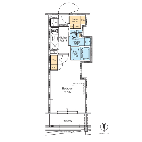 プラウドフラット四谷三丁目(1K[E-aタイプ]：25.01㎡)の間取り画像