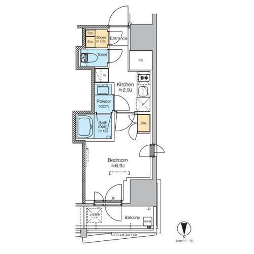 プラウドフラット四谷三丁目(1K[Dタイプ]：26.64㎡)の間取り画像