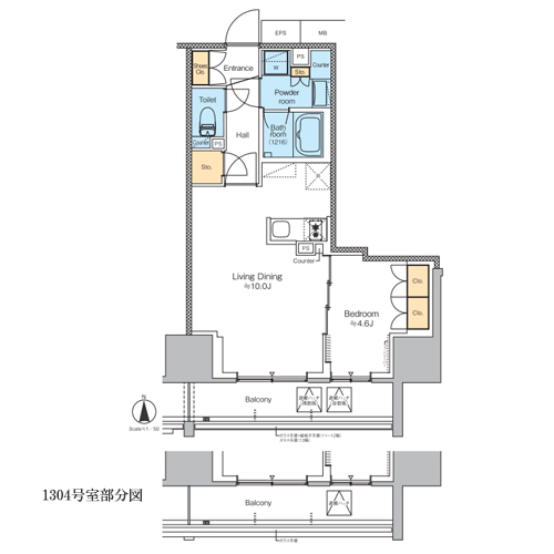 プラウドフラット四谷三丁目(1LDK[C'タイプ]：43.39㎡)の間取り画像