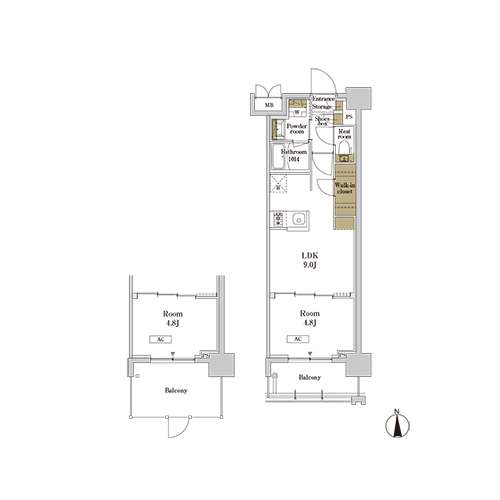 RJRプレシア蒲田(1LDK+WIC[H2タイプ]：32.44㎡)の間取り画像
