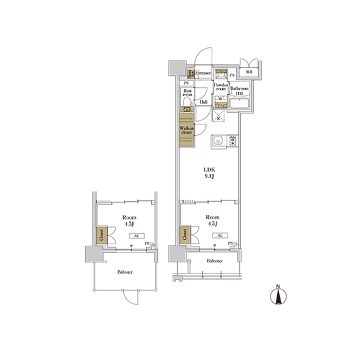 RJRプレシア蒲田(1LDK+WIC[Jタイプ]：33.53㎡)の間取り画像