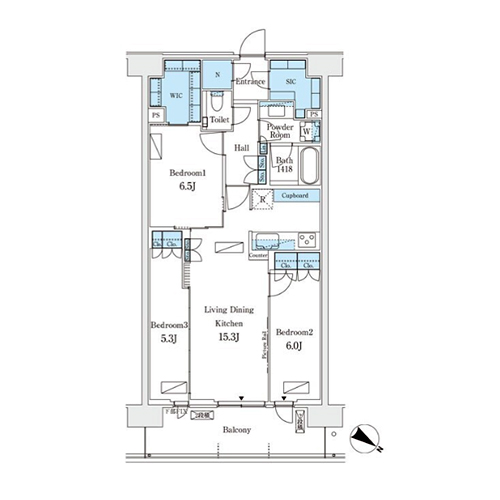 ロイヤルパークス有明(3LDK[W1-type]：70.68㎡)の間取り画像