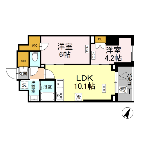 ロイジェント戸越銀座(2LDK+WIC+SIC[E-type]：46.65㎡)の間取り画像