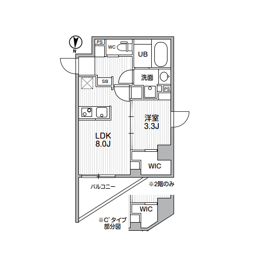 S-RESIDENCE亀戸balm(1LDK[C'タイプ]：30.63㎡)の間取り画像
