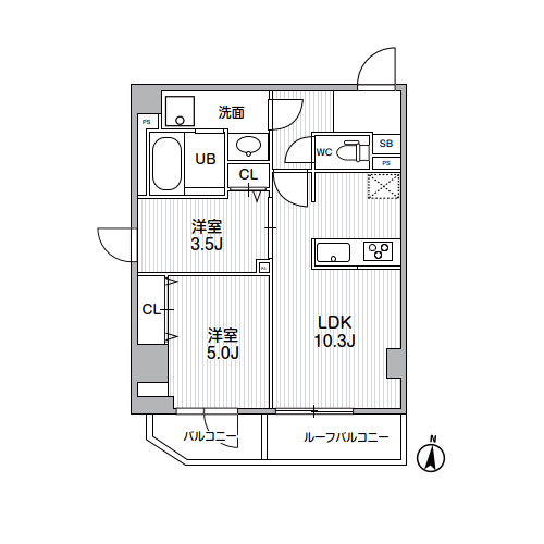S-RESIDENCE亀戸balm(2LDK[Eタイプ]：45.88㎡)の間取り画像
