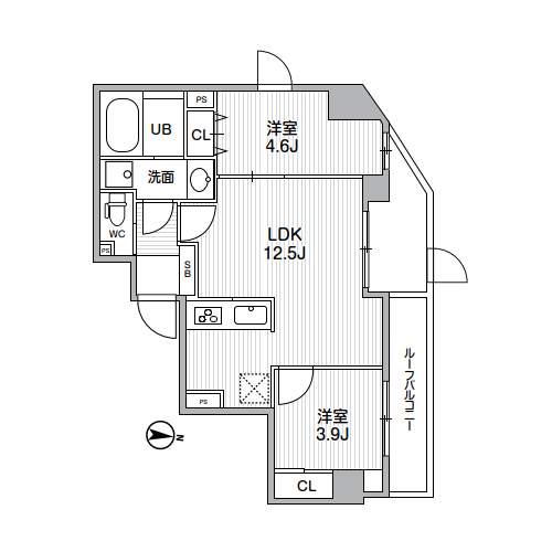 S-RESIDENCE亀戸balm(2LDK[Fタイプ]：46.25㎡)の間取り画像