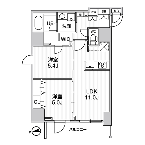 S-RESIDENCE新御徒町chiaro(2LDK+WIC[Aタイプ]：51.35㎡)の間取り画像
