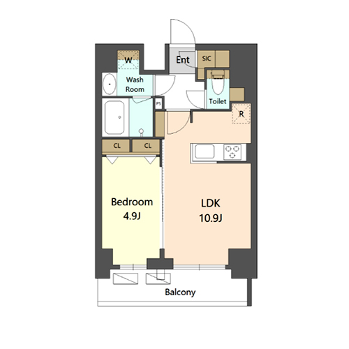 S-RESIDENCE新宿早稲田アヴェリス(1LDK[B'タイプ]：39.79㎡)の間取り画像
