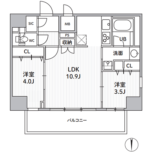 S-RESIDENCE住吉aquacht(2LDK+SIC[E-type]：45.31㎡)の間取り画像