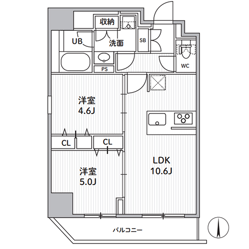 S-RESIDENCE住吉aquacht(2LDK[A-type]：48.66㎡)の間取り画像