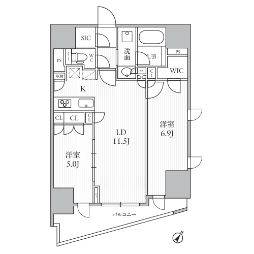 シーズンフラッツ大井町(2LDK[南Eタイプ]：54.51㎡)の間取り画像