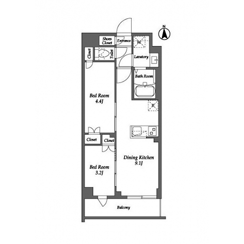 ザ・グラヴィティ新宿(2DK[Lタイプ]：37.90㎡)の間取り画像