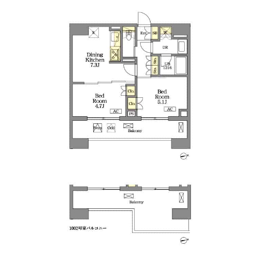 ザ・ライオンズフォーシア文京湯島(2DK[Cタイプ]：41.40㎡)の間取り画像