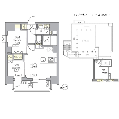 ザ・ライオンズフォーシア文京湯島(2LDK[Bタイプ]：46.15㎡)の間取り画像