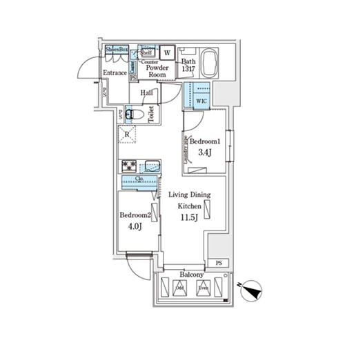 アーバンブリーズ恵比寿(2LDK[C2タイプ]：47.71㎡)の間取り画像