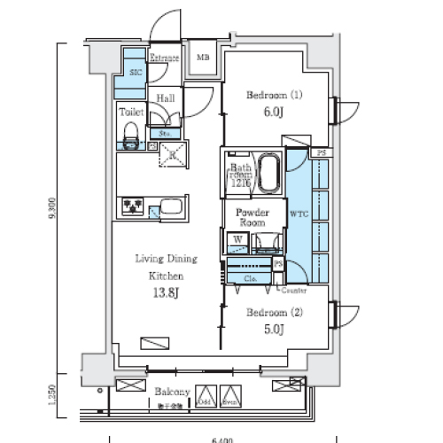 アーバンブリーズ巣鴨(2LDK[Fタイプ]：58.95㎡)の間取り画像
