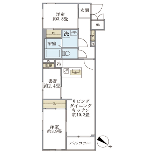 ビューテラス茗荷谷(2LDK+DEN[Iタイプ]：47.56㎡)の間取り画像