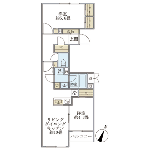 ビューテラス茗荷谷(2LDK+SIC[Kタイプ]：49.59㎡)の間取り画像