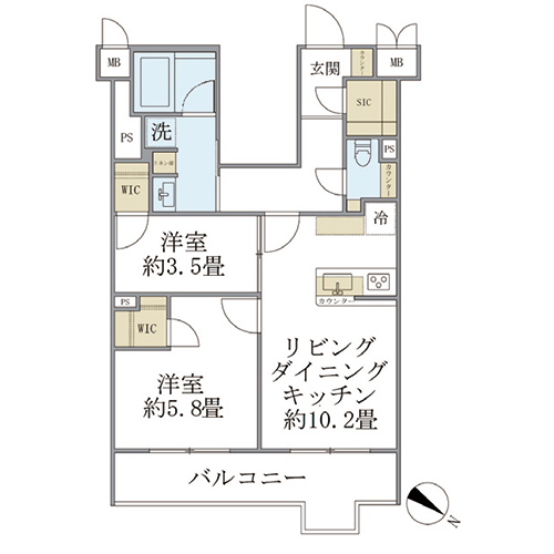 ビューテラス茗荷谷(2LDK+2WIC+SIC[Mタイプ]：51.07㎡)の間取り画像
