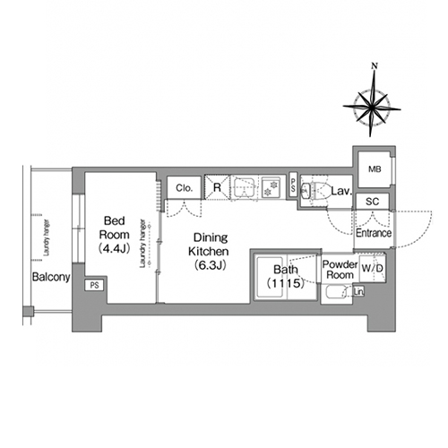 ウエリスアーバン住吉イースト(1DK[D2タイプ]：26.11㎡)の間取り画像