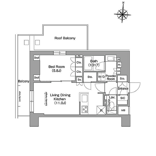 ウエリスアーバン住吉ウエスト(1LDK[J1タイプ]：43.56㎡)の間取り画像