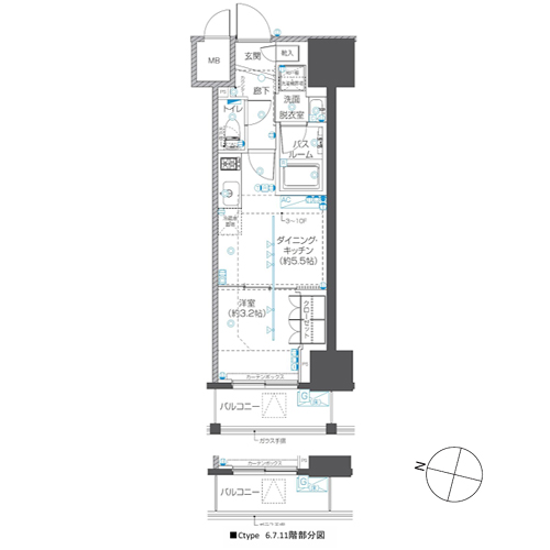 ZOOM本郷(1DK[Eタイプ]：26.199㎡)の間取り画像